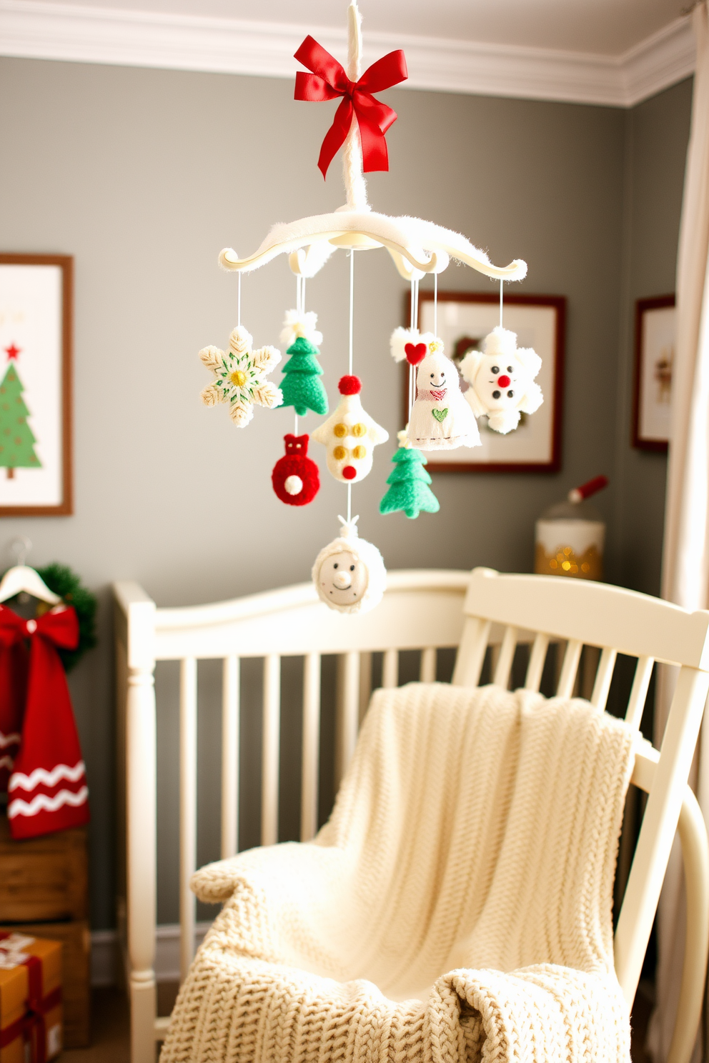 A whimsical holiday-themed mobile hangs above the crib, featuring soft plush ornaments in the shapes of snowflakes and Christmas trees. The mobile is adorned with gentle twinkling lights, creating a magical atmosphere in the nursery. The nursery is decorated with festive accents, including a cozy knitted blanket draped over the rocking chair. Cheerful holiday-themed artwork adorns the walls, bringing a joyful spirit to the space while maintaining a serene environment for the baby.