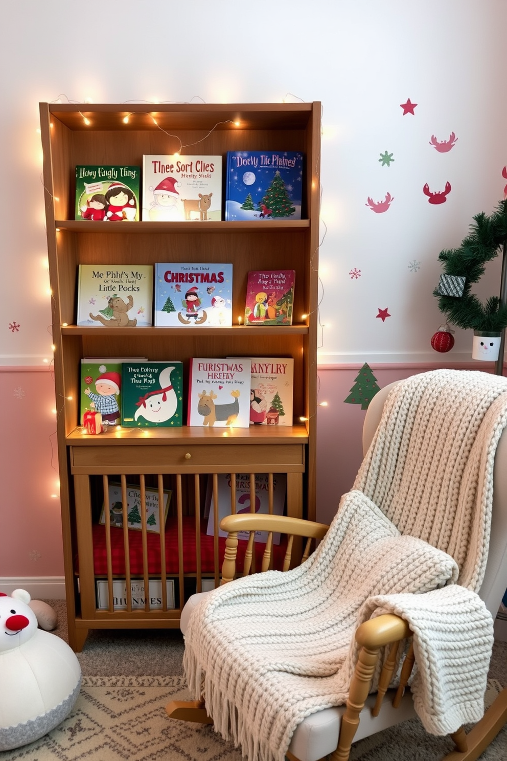 A cozy nursery filled with festive cheer. Christmas storybooks are displayed prominently on a wooden shelf, surrounded by twinkling fairy lights. The walls are adorned with soft pastel colors and playful holiday-themed decals. A plush rocking chair sits in the corner, draped with a warm knitted blanket for reading time.