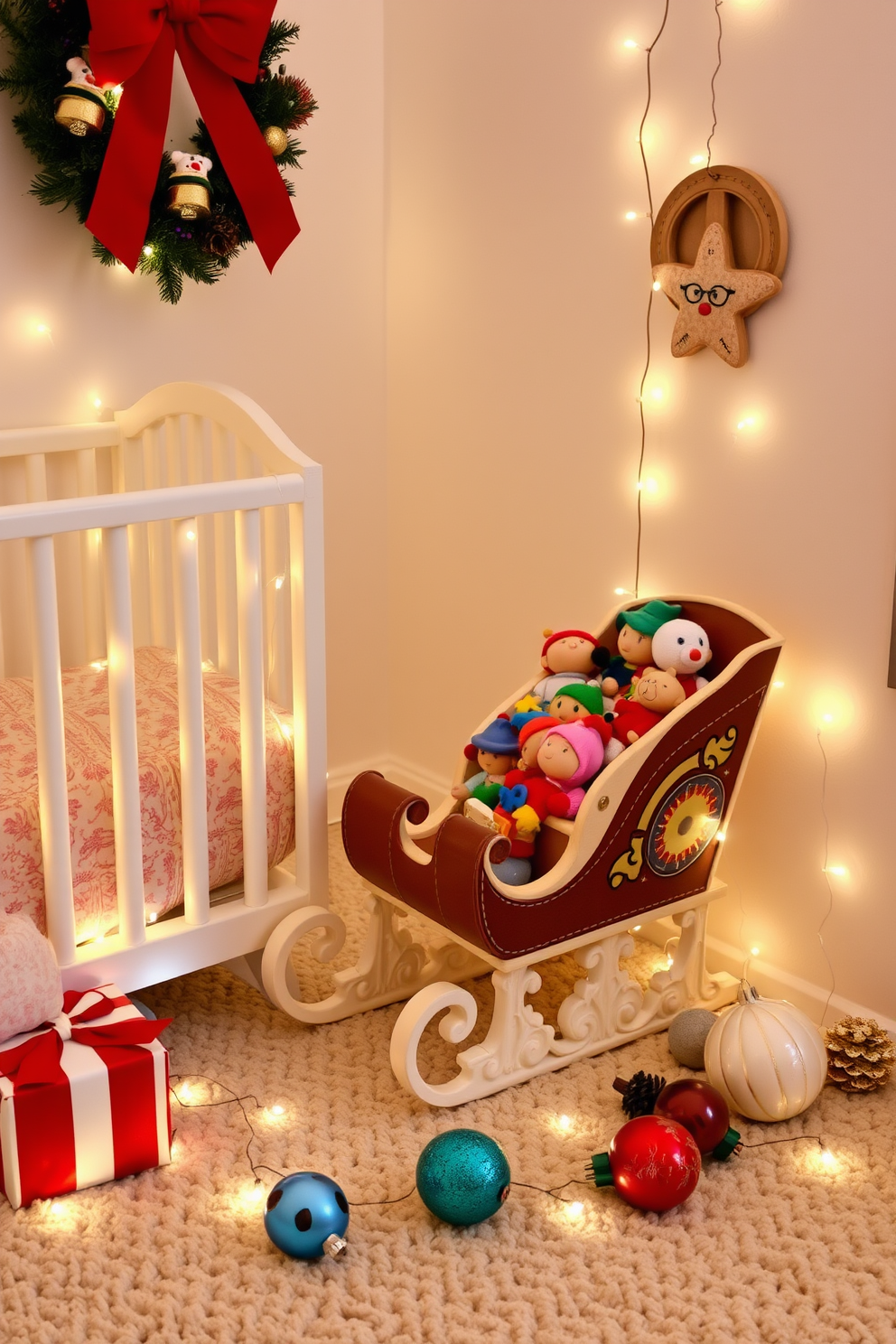 A charming nursery setting decorated for Christmas. A miniature sleigh filled with colorful toys sits in the corner, surrounded by twinkling fairy lights and festive ornaments.