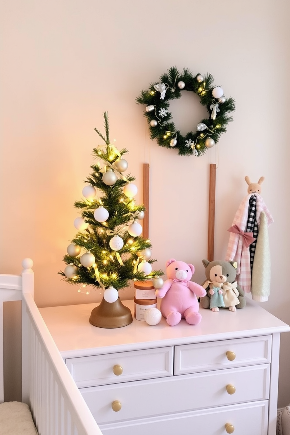 A cozy nursery adorned for the holidays. A mini Christmas tree sits on the dresser, decorated with soft pastel ornaments and twinkling lights. The walls are painted in a gentle cream shade, creating a warm atmosphere. Plush toys and festive garlands add a cheerful touch to the overall decor.