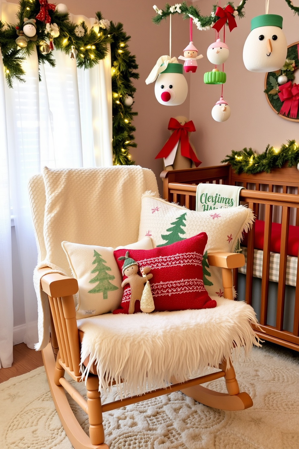 Seasonal pillows in festive colors are arranged on a cozy rocking chair, creating a warm and inviting atmosphere. The nursery is adorned with charming Christmas decorations, including twinkling lights and playful ornaments hanging from the ceiling.