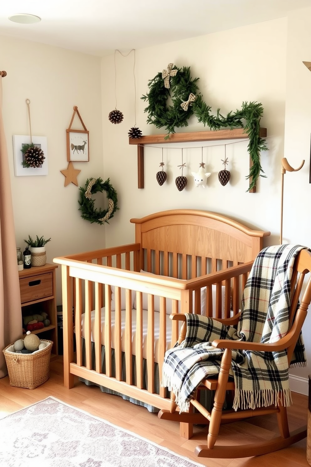 A cozy nursery adorned with rustic wooden accents creates a warm and inviting atmosphere. The walls are painted in soft pastel shades, and a wooden crib with a natural finish is the centerpiece of the room. Christmas decorations add a festive touch, featuring handmade ornaments and garlands made of pinecones and twine. A wooden rocking chair sits in the corner, draped with a soft plaid blanket, enhancing the seasonal charm.