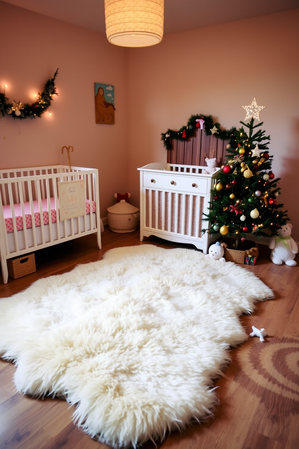 A cozy nursery featuring a soft faux fur rug in a warm cream color that adds texture and comfort to the space. The room is adorned with festive Christmas decorations, including a small tree decorated with colorful ornaments and twinkling lights.