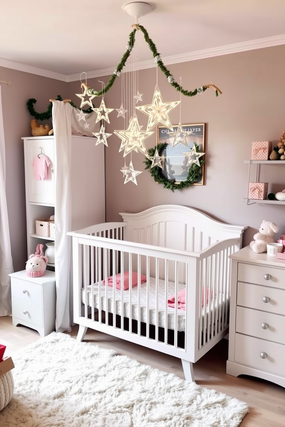 A cozy nursery adorned with twinkling star decorations hanging gracefully above a crib. The crib is surrounded by soft pastel colors, with a plush rug on the floor and festive Christmas accents throughout the room.