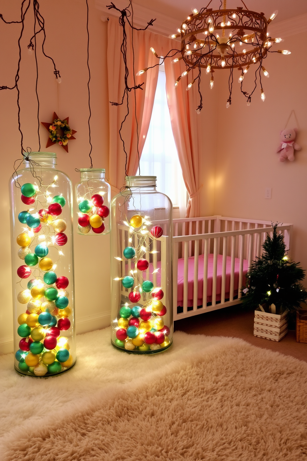 A charming nursery adorned with vintage ornaments displayed in glass jars. The jars are filled with colorful baubles and twinkling fairy lights, creating a warm and festive atmosphere. The walls are painted in soft pastel colors, and a cozy crib is nestled in the corner. A plush rug lies on the floor, providing a comfortable play area for little ones during the holiday season.