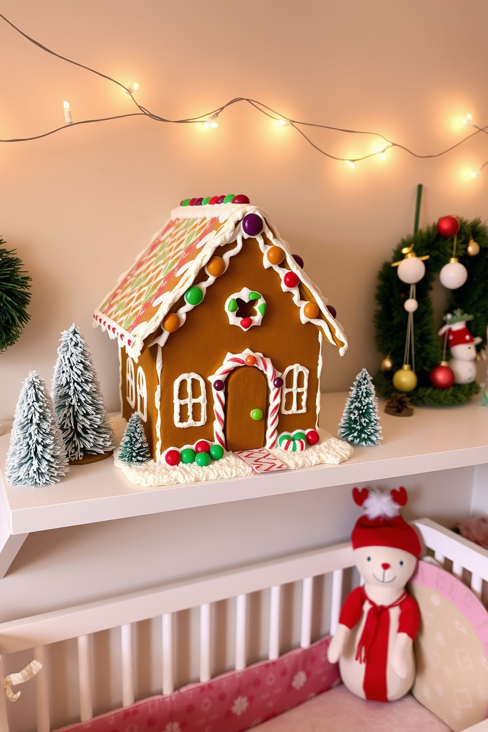 A whimsical gingerbread house sits on a charming shelf, adorned with colorful icing and candy accents. The house features a candy cane pathway leading to the front door, surrounded by miniature snow-covered trees. In the nursery, Christmas decorations create a cozy and festive atmosphere. Soft string lights twinkle above a crib, while plush toys dressed in holiday attire add a playful touch to the room.