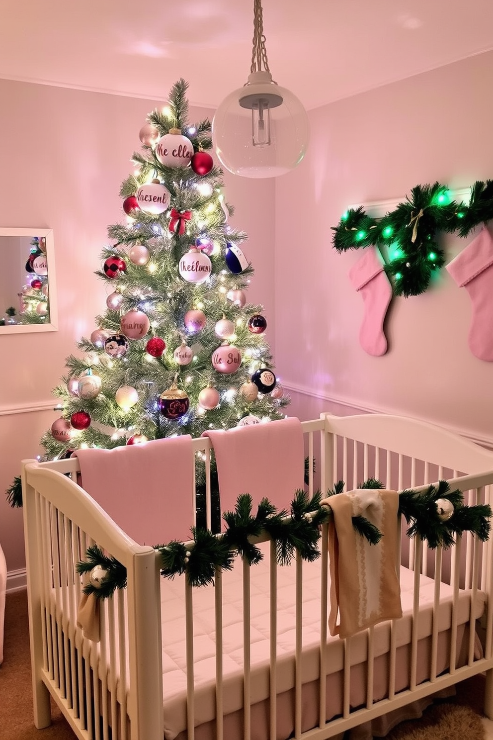 A cozy nursery decorated for Christmas features a beautifully adorned tree with twinkling lights and personalized ornaments showcasing the baby's name. Soft pastel colors dominate the room, with festive garlands draped over the crib and stockings hung on the wall, creating a warm and inviting atmosphere.