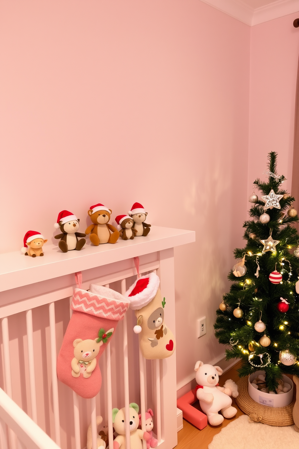 Cute animal figurines in Santa hats are arranged playfully on a shelf in the nursery. The soft pastel colors of the room create a warm and inviting atmosphere, perfect for the holiday season. A small Christmas tree adorned with twinkling lights stands in the corner, surrounded by plush toys. Stockings hang from the mantel, each featuring a different adorable animal design, adding to the festive charm.