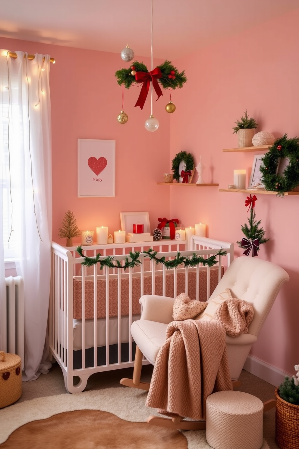 A cozy nursery adorned with holiday decorations. Soft pastel colors fill the room, complemented by twinkling fairy lights and festive ornaments hanging from the ceiling. On the shelves, an array of holiday candles in seasonal scents like cinnamon and pine are artfully arranged. A plush rocking chair sits in the corner, draped with a warm blanket, creating a perfect spot for quiet moments.