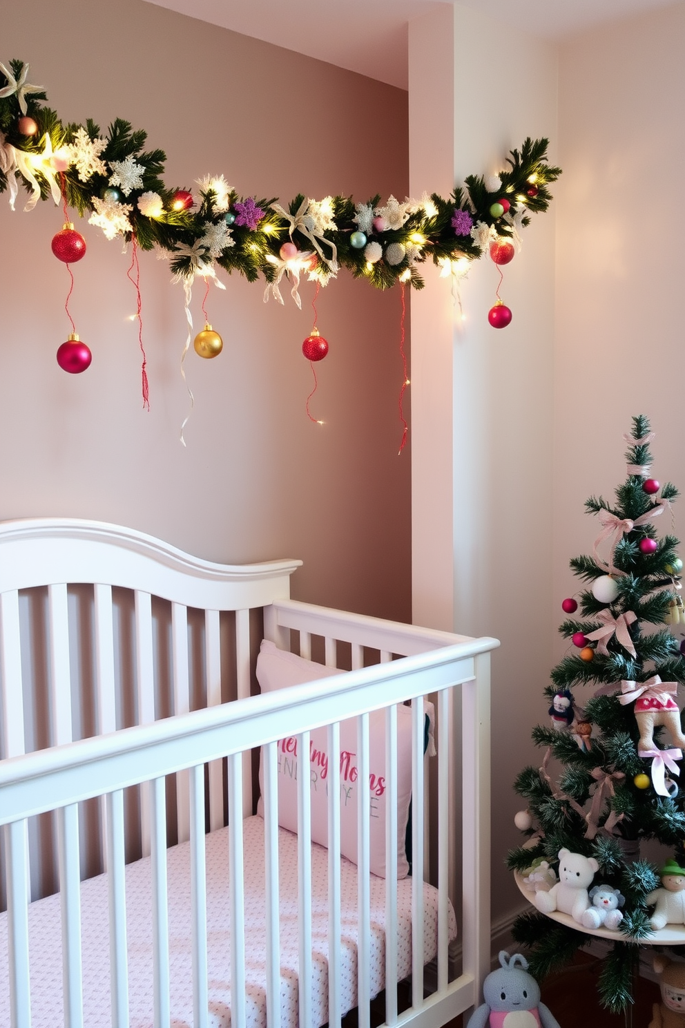 A festive garland drapes elegantly above the crib, adorned with twinkling fairy lights and vibrant ornaments. The soft colors of the garland complement the cozy nursery, creating a warm and inviting atmosphere for the holiday season. In the corner of the nursery, a small Christmas tree is decorated with miniature toys and delicate ribbons. Plush toys and holiday-themed decor enhance the festive spirit, making the space joyful and enchanting for both baby and parents.