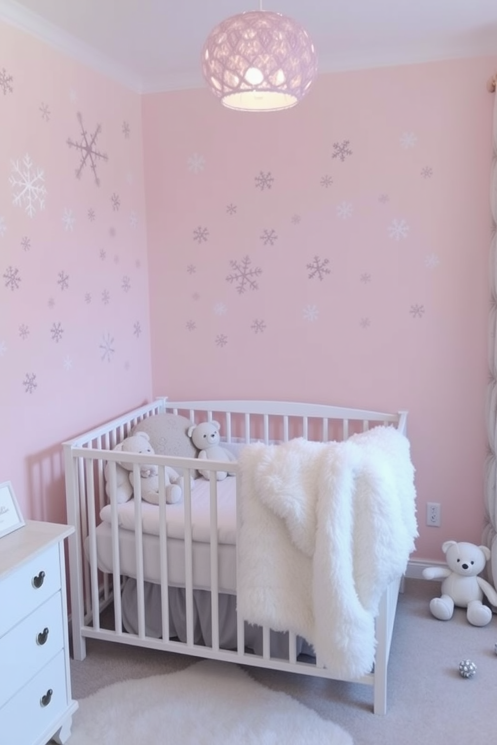 A whimsical nursery adorned with playful wall decals of snowflakes creates a festive atmosphere. Soft pastel colors dominate the room, with a cozy crib draped in a fluffy white blanket and surrounded by plush toys.