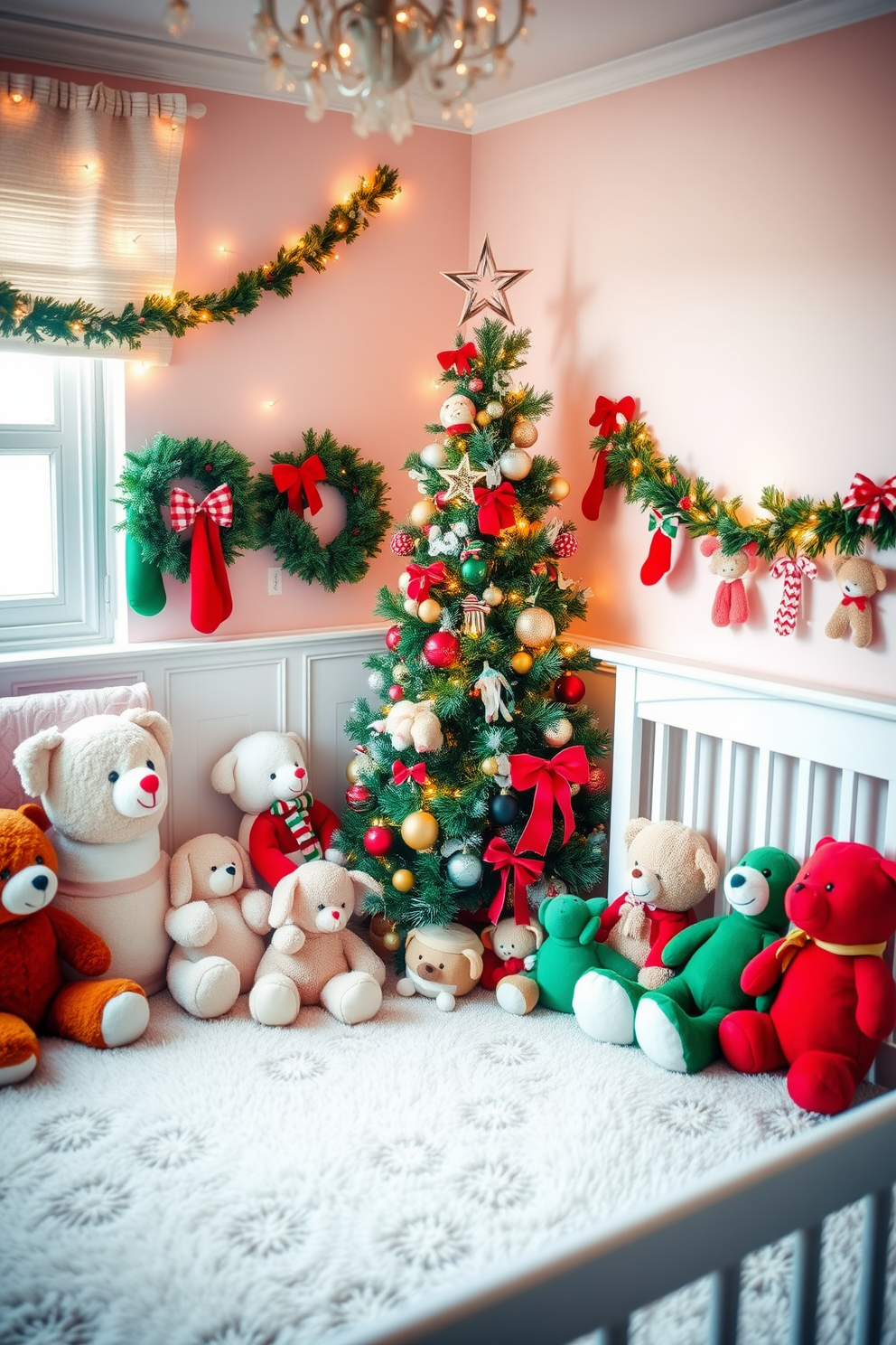 A cozy nursery adorned with soft plush toys in holiday colors. The room features a gentle pastel palette with accents of red and green, creating a warm and inviting atmosphere. A beautifully decorated Christmas tree stands in one corner, surrounded by plush toys in festive hues. Twinkling fairy lights and holiday-themed garlands add a magical touch to the nursery, making it perfect for the holiday season.