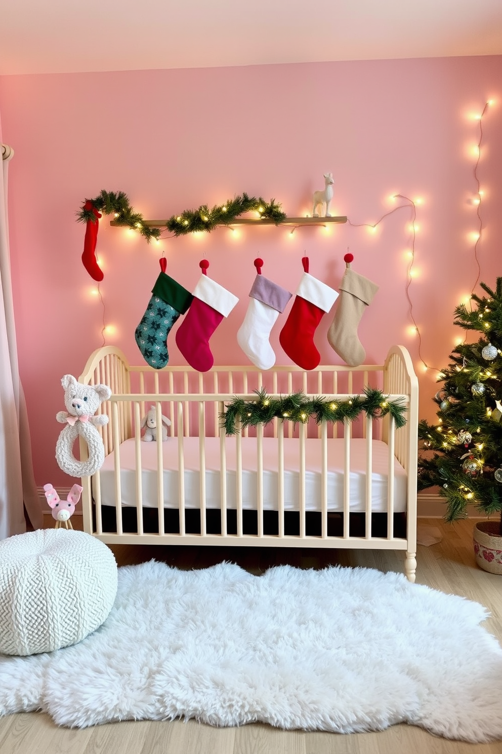 A cozy nursery decorated for Christmas with colorful stockings hanging from a wooden mantel. The room features soft pastel colors, a plush rug on the floor, and twinkling fairy lights adorning the walls.