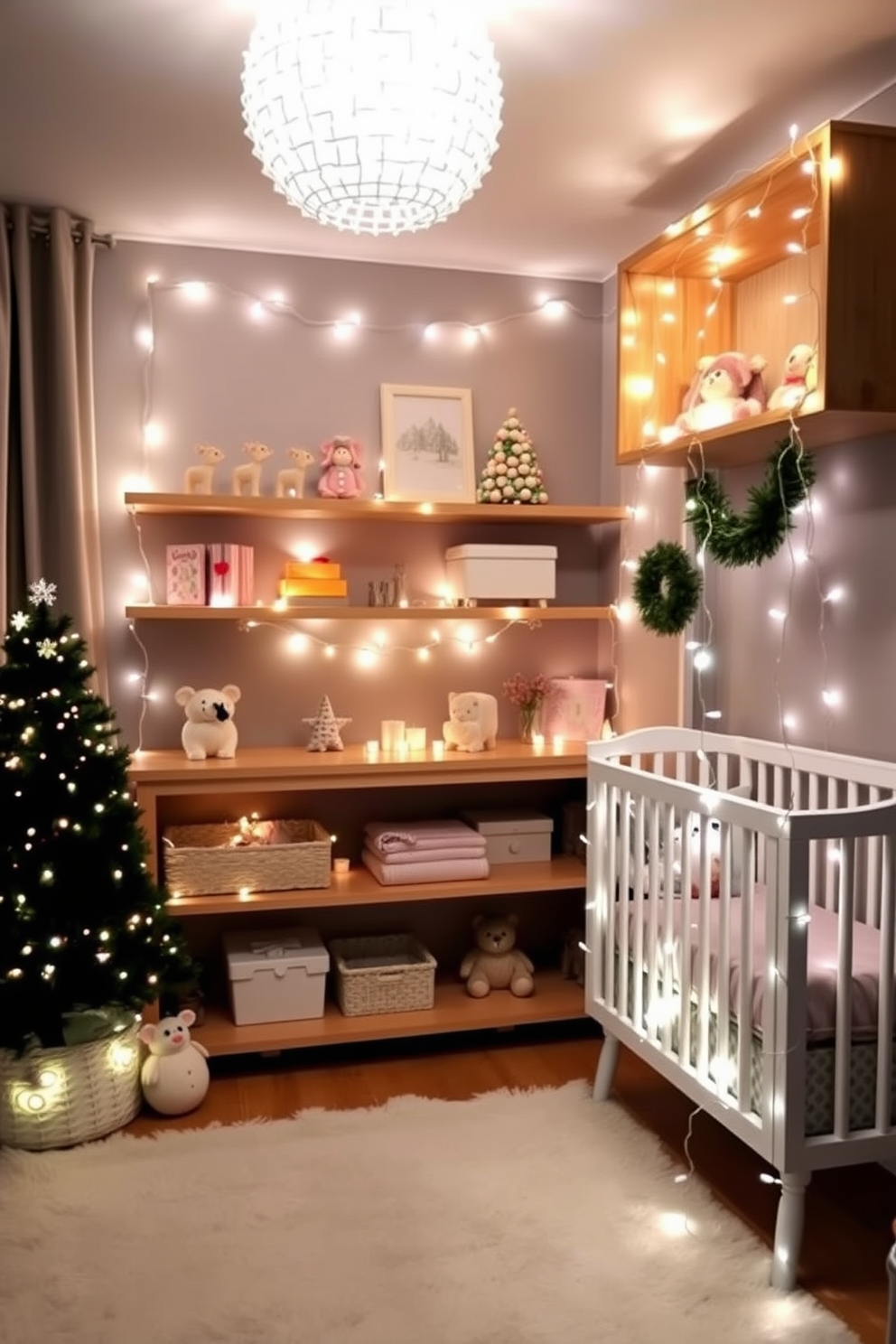 A cozy nursery adorned with fairy lights wrapped around wooden shelves creates a magical ambiance. The soft glow of the lights complements the pastel colors of the room, enhancing the festive Christmas spirit.