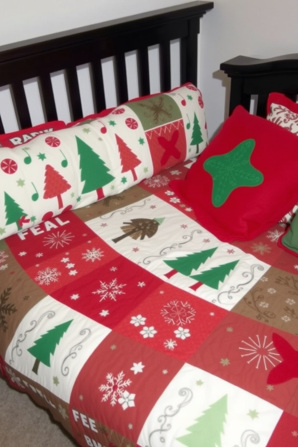 The nursery is adorned with themed bedding featuring festive holiday patterns. The bed is dressed in a cozy quilt with snowflakes and Christmas trees, complemented by plush pillows in red and green hues.