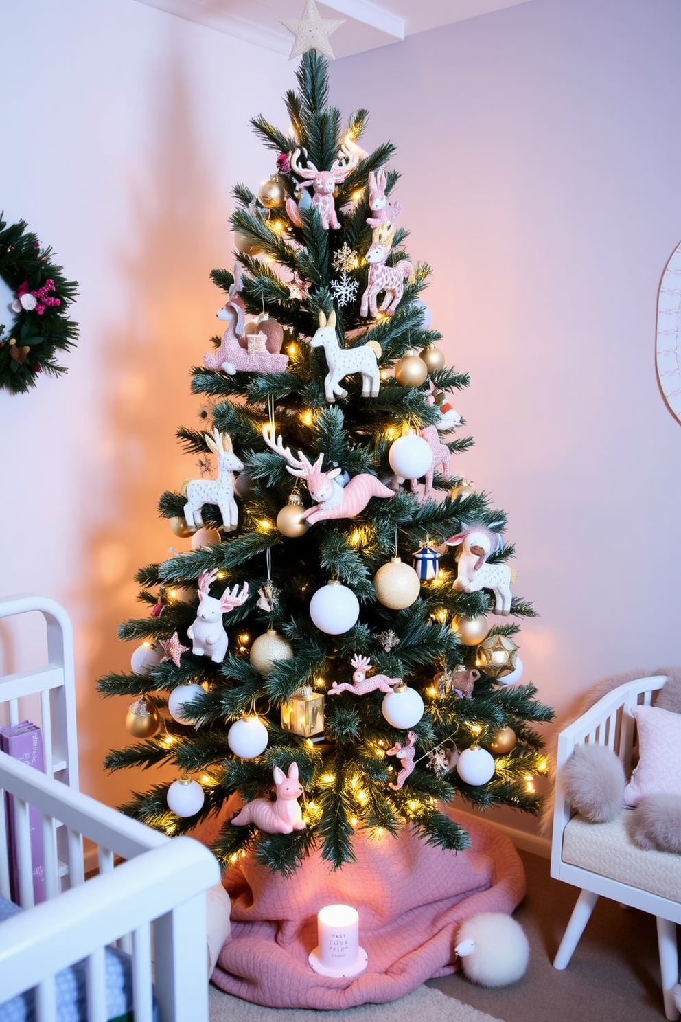 Create a whimsical nursery scene decorated for Christmas. The centerpiece is a beautifully adorned tree featuring woodland creature ornaments like deer and foxes, surrounded by soft pastel colors and twinkling lights.