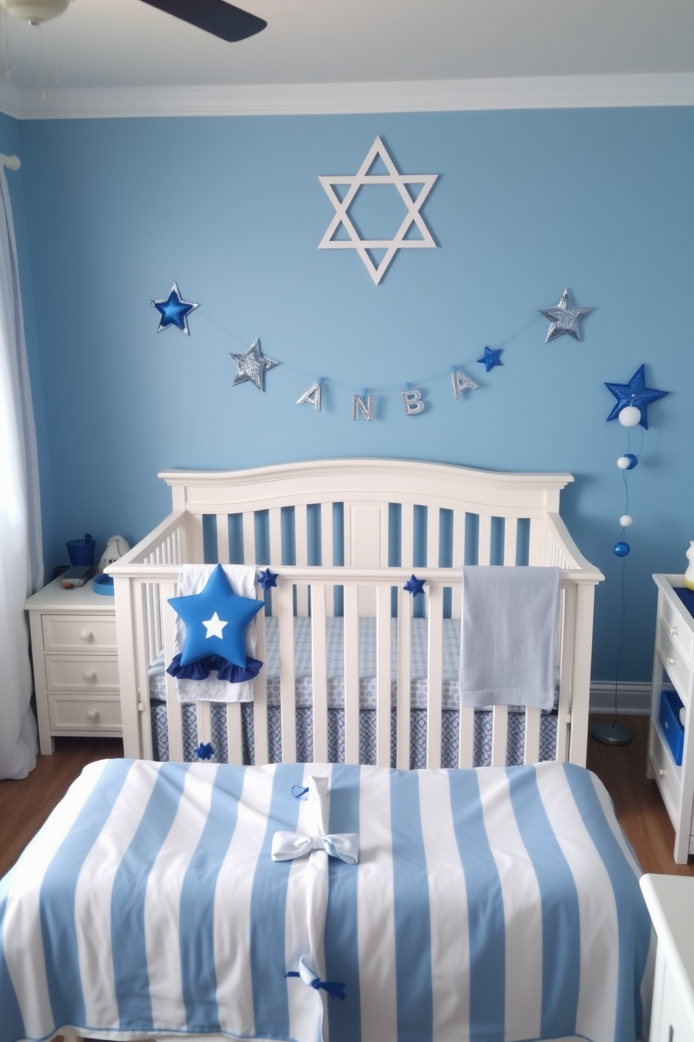 Cozy blue and white nursery decorated for Hanukkah. The walls are painted a soft blue, with white furniture including a crib and changing table, adorned with festive Hanukkah decorations like blue and silver stars and menorahs.