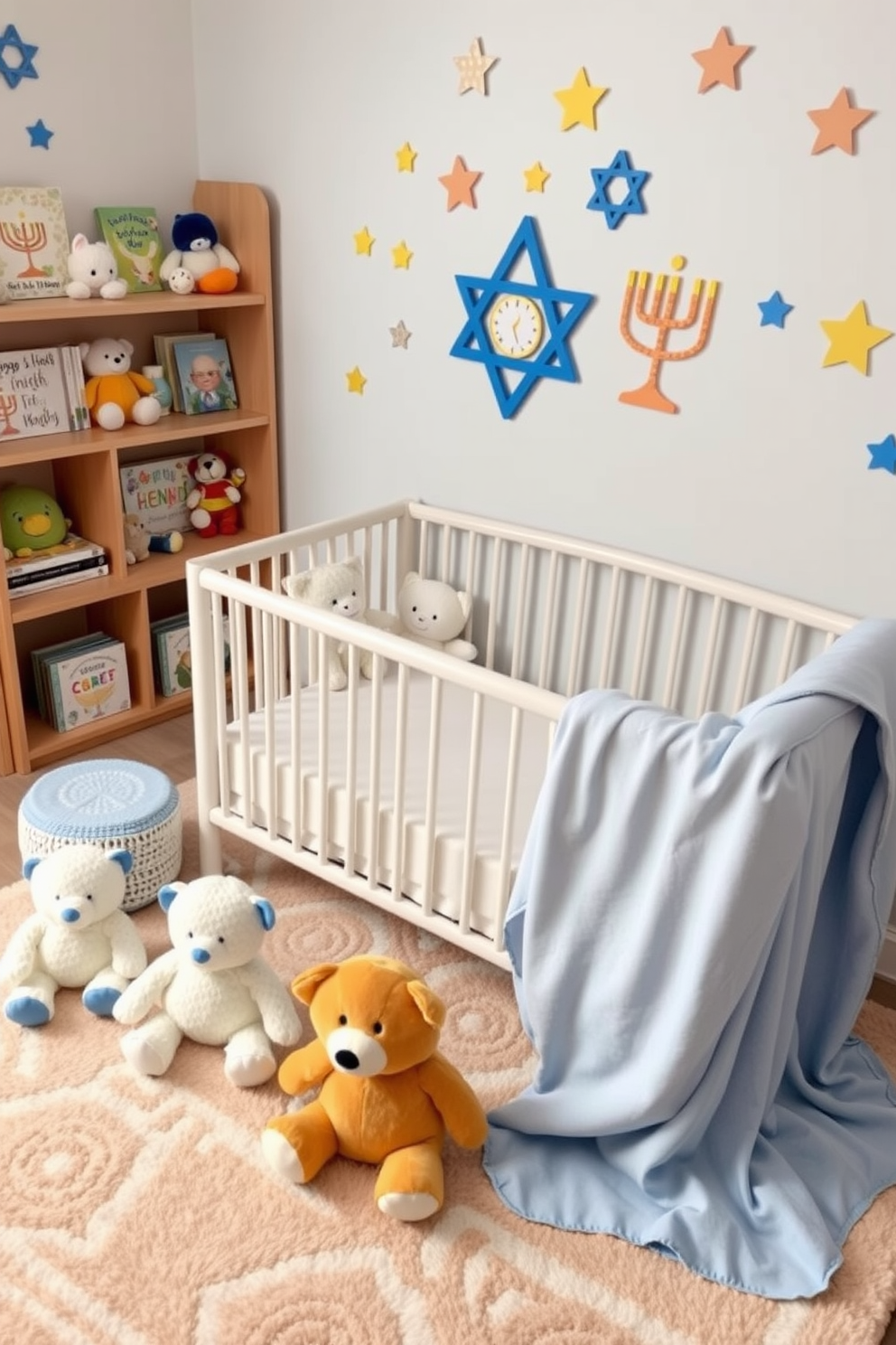 Cute Hanukkah-themed stuffed animals are arranged on a soft pastel-colored nursery rug. The walls are adorned with whimsical Hanukkah decorations, featuring stars and menorahs in cheerful colors. A cozy crib is draped with a festive blue and white blanket, creating a warm and inviting atmosphere. Shelves display plush toys and storybooks that celebrate the spirit of Hanukkah, adding charm to the nursery space.