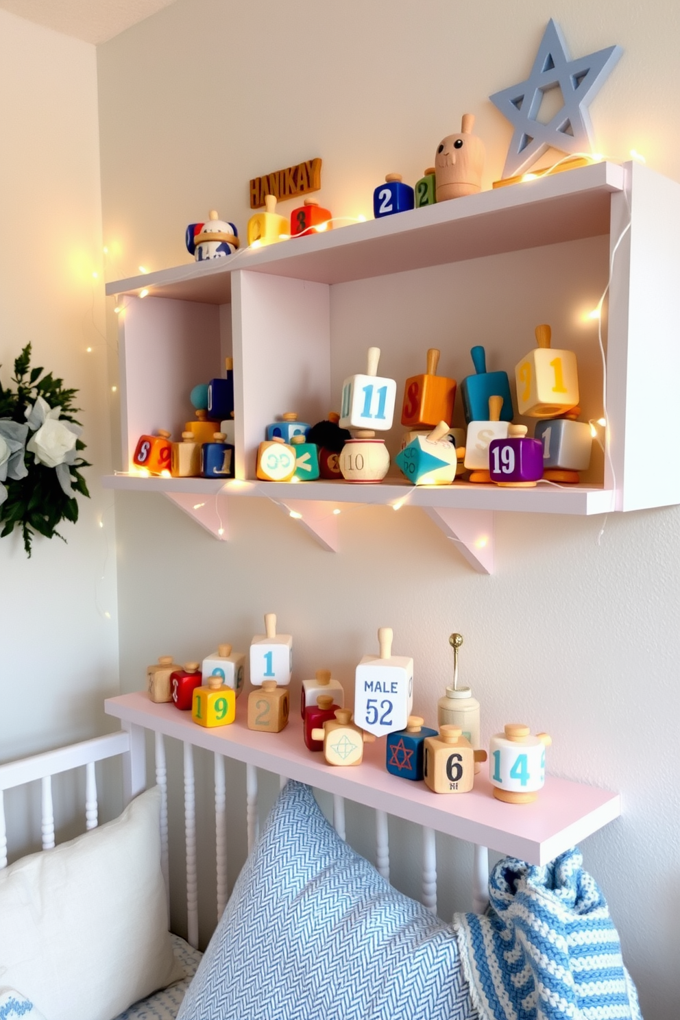 Decorative wooden dreidel toys are arranged on charming shelves, showcasing a variety of colors and designs. The shelves are adorned with soft, twinkling lights, creating a warm and festive atmosphere for the nursery. The walls are painted in a soft pastel hue, complementing the playful decor. Cozy textiles in shades of blue and white enhance the Hanukkah theme, making the space inviting and joyful for the holiday season.