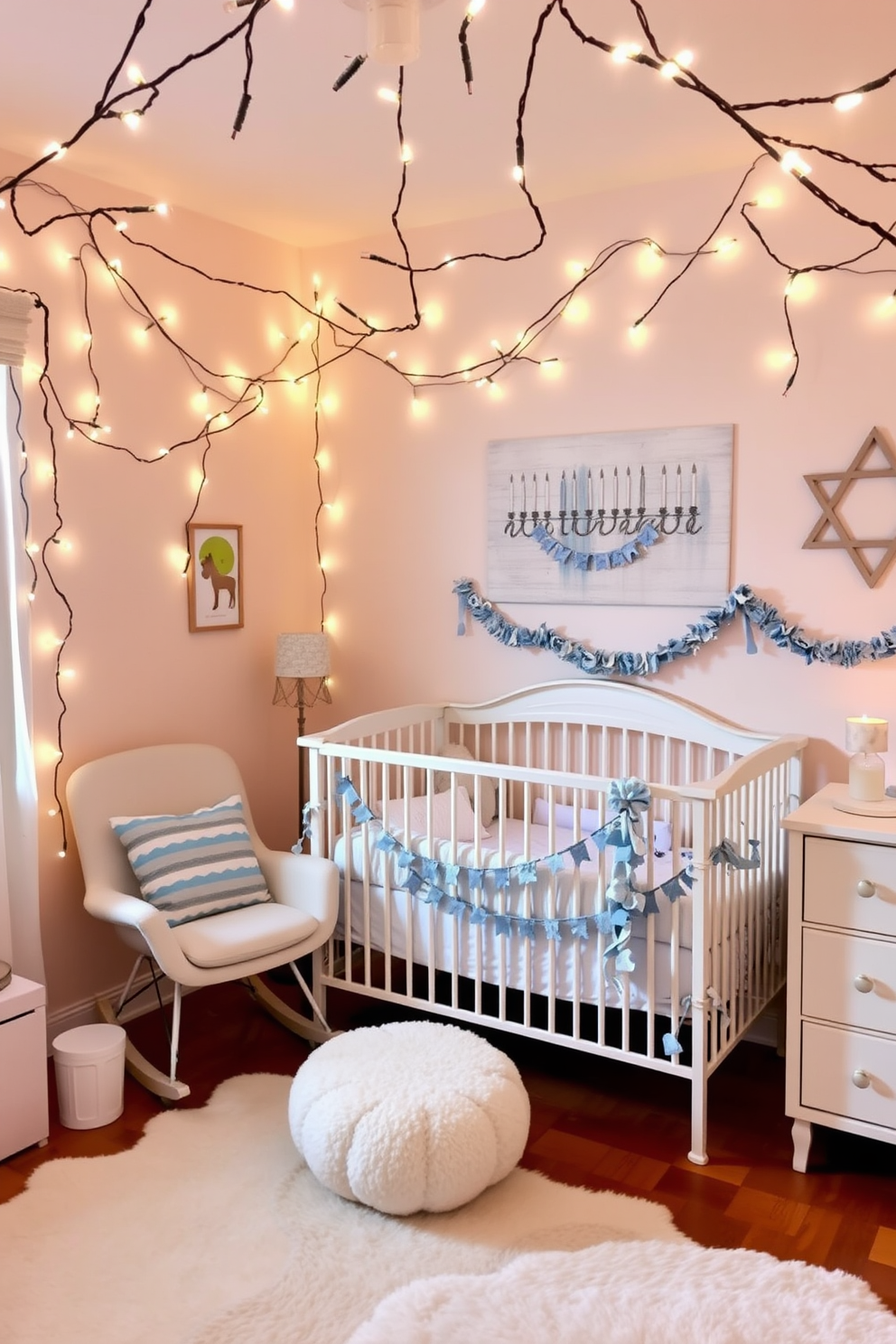 A cozy nursery adorned with twinkling fairy lights that cast a warm and inviting glow throughout the space. The walls are painted in soft pastel colors, and a plush rocking chair sits in the corner next to a beautifully decorated Hanukkah-themed crib. Delicate decorations featuring blue and silver accents are hung around the room, including a menorah on the dresser and festive garlands draped over the crib. A soft area rug provides a comfortable play space for the little one, enhancing the overall warmth and charm of the nursery.