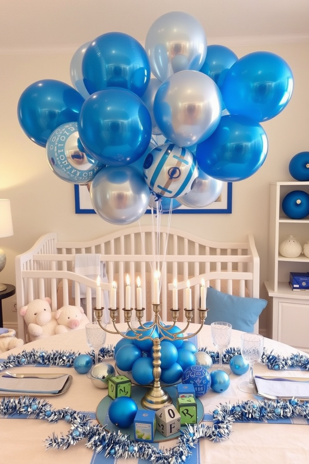 A whimsical nursery setting featuring a blue and silver balloon bouquet centerpiece. The balloons are arranged in varying heights, creating a playful atmosphere, while soft, plush toys are scattered around the room. For Hanukkah decorating ideas, incorporate elegant blue and silver accents throughout the space. A beautifully set table displays a menorah surrounded by decorative dreidels and shimmering garlands.