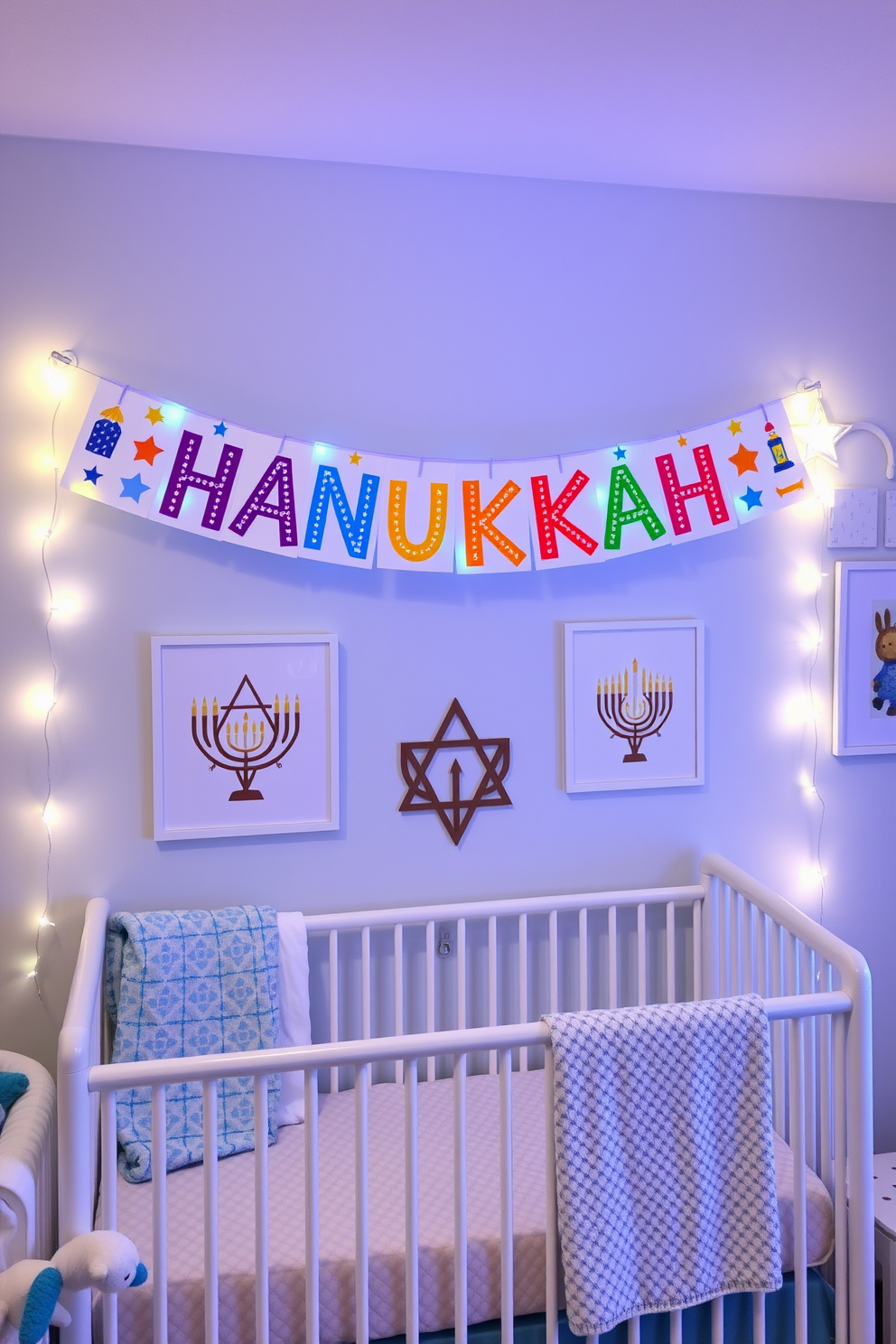 A personalized name banner hangs across the nursery, featuring festive colors and symbols associated with Hanukkah. The banner is adorned with stars and menorahs, creating a warm and joyful atmosphere for the celebration. The nursery is decorated with soft blue and white hues, complemented by plush toys and cozy blankets. Hanukkah-themed wall art adds a playful touch, while twinkling string lights create a magical ambiance.