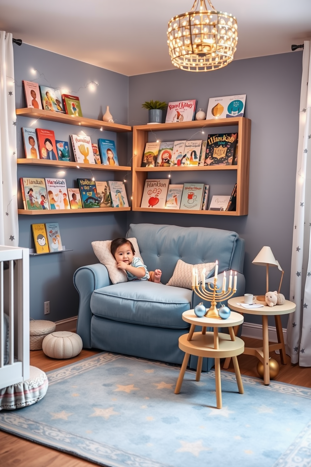 A warm and inviting Hanukkah storybook corner features a plush, oversized chair in a soft blue fabric, perfect for snuggling up with loved ones. Surrounding the chair are shelves filled with colorful storybooks about Hanukkah, adorned with twinkling fairy lights to create a magical atmosphere. The nursery is decorated with playful Hanukkah motifs, including star and dreidel patterns in soft pastel colors. A cozy area rug in shades of blue and gold adds warmth to the space, while a small table holds a menorah and a collection of festive ornaments.