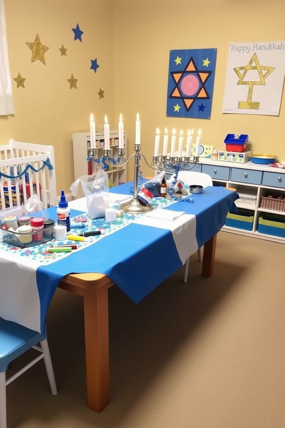 A cheerful DIY menorah craft station for kids is set up in a bright and colorful nursery. The table is covered with festive decorations, including blue and white tablecloths, and supplies like colored paper, glue, and glitter are neatly arranged for easy access. The walls are adorned with playful Hanukkah-themed artwork, featuring stars and dreidels. Soft lighting creates a warm and inviting atmosphere, encouraging creativity and festive spirit among the children.