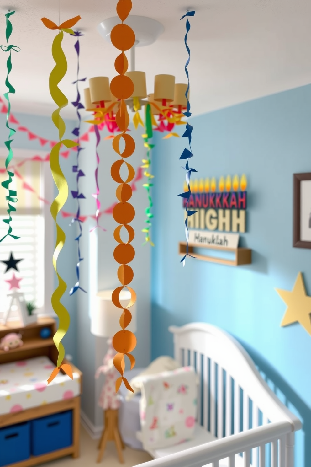 A cheerful nursery decorated for Hanukkah. Colorful paper chains hang from the ceiling, adding a festive touch to the room.