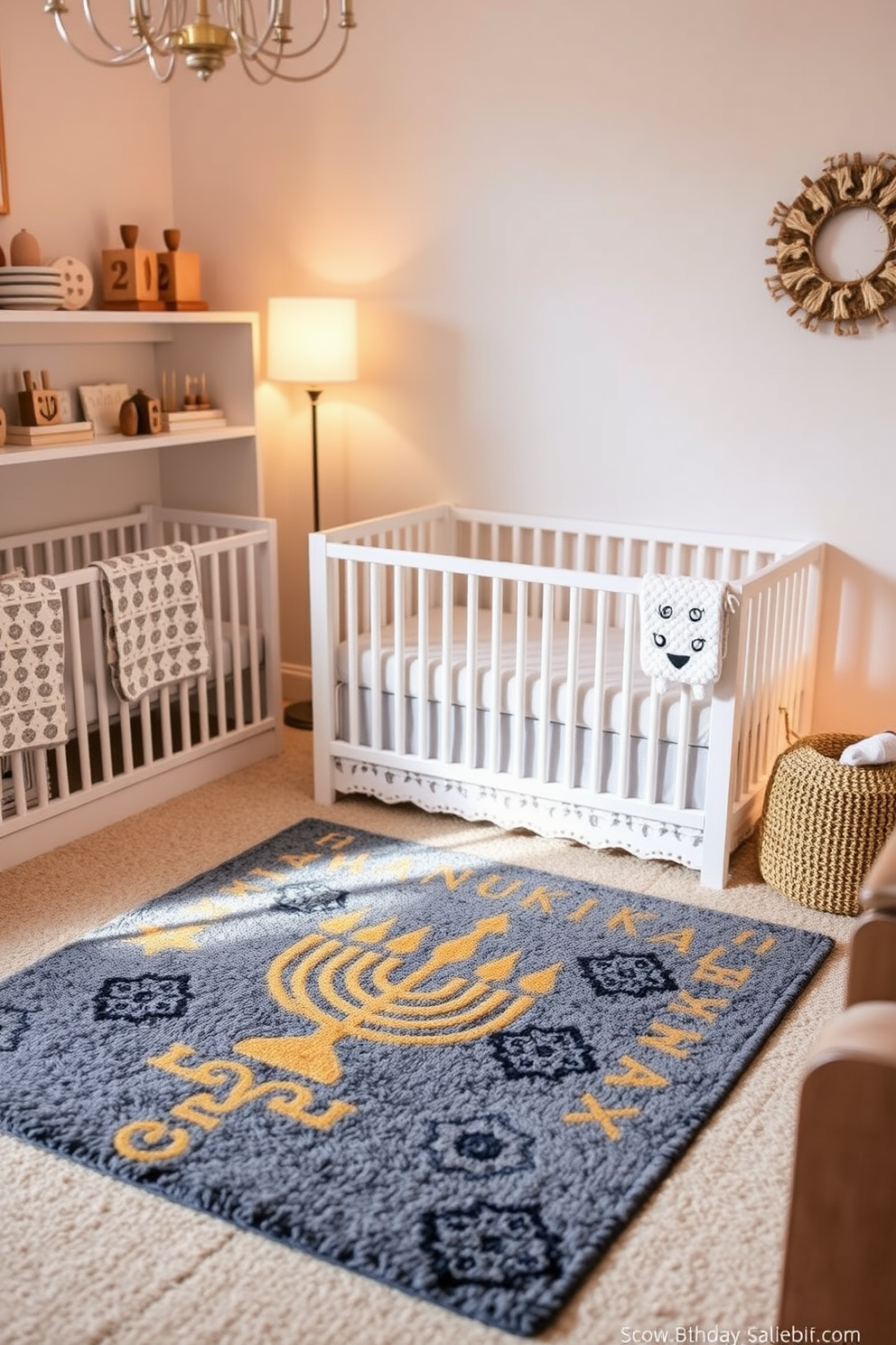 A soft area rug featuring Hanukkah motifs is placed in the center of the nursery, adding a festive touch to the space. The rug's colors harmonize with the surrounding decor, creating a cozy and inviting atmosphere for the little ones. Decorative elements such as menorahs and dreidels are thoughtfully arranged on shelves, enhancing the Hanukkah theme. Soft lighting from a nearby lamp casts a warm glow, making the nursery feel both festive and serene.