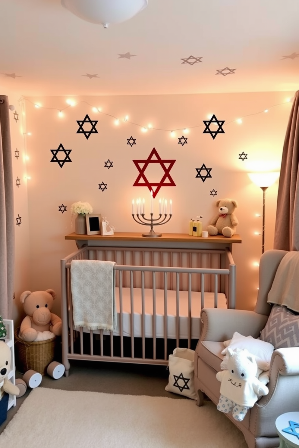 A cozy nursery adorned with Star of David wall decals creating a warm and festive atmosphere. Soft pastel colors dominate the walls, while plush toys and a comfortable rocking chair complete the serene space. Decorative elements celebrate Hanukkah, featuring a beautifully arranged menorah on a shelf. Twinkling string lights add a magical touch, enhancing the joyful spirit of the holiday.