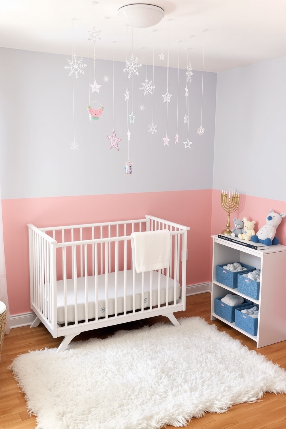 A cozy nursery setting designed for Hanukkah. Soft pastel colors adorn the walls, and a plush area rug lies on the floor, creating a warm atmosphere. Above the crib, delicate snowflakes and stars are suspended from the ceiling, adding a whimsical touch. A small Menorah is placed on a nearby shelf, surrounded by festive decorations and soft toys.