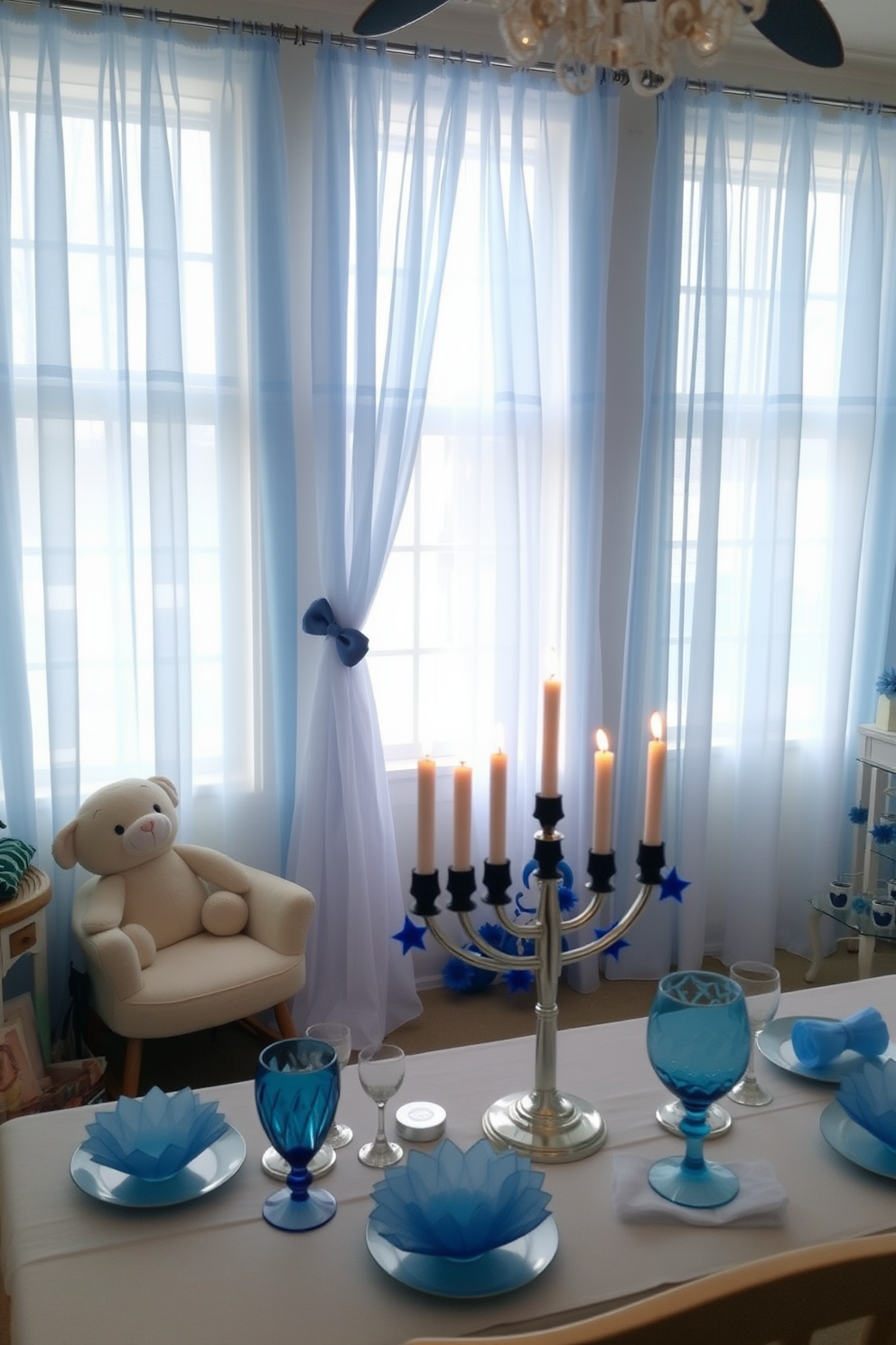 A serene nursery featuring tulle curtains in soft blue hues that gently filter the light. The room is adorned with plush toys and a cozy rocking chair, creating a peaceful atmosphere for relaxation and bonding. Charming Hanukkah decorations are tastefully arranged throughout the space. A beautifully set table showcases blue and silver accents, with a menorah as the centerpiece surrounded by flickering candles.