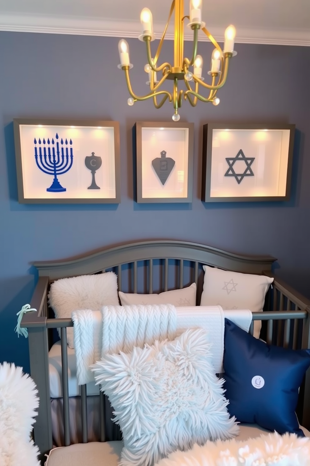 Create a cozy nursery decorated for Hanukkah featuring shadow boxes that display traditional symbols such as the menorah, dreidel, and Star of David. The walls are painted in soft blue hues, and plush textiles in white and silver add warmth to the space, creating a serene atmosphere for the celebration.