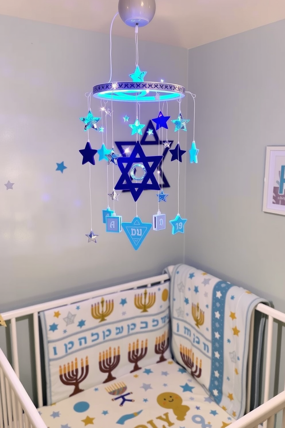 A whimsical Hanukkah-themed mobile hangs gracefully above the crib, adorned with delicate stars and dreidels in vibrant blue and silver hues. Soft, twinkling lights illuminate the mobile, creating a magical atmosphere that captures the spirit of the holiday. The nursery is decorated with playful Hanukkah motifs, featuring a cozy crib draped in a festive quilt showcasing menorahs and gelt. Walls are painted in a soothing pastel color, complemented by charming wall art that celebrates the joy of Hanukkah.