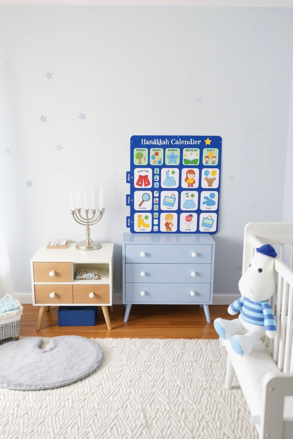 A colorful interactive Hanukkah calendar designed for toddlers. Each day features a different festive image or small toy that encourages engagement and learning about the holiday. A cozy nursery decorated for Hanukkah with soft blue and white tones. The room includes star-shaped wall decals, a menorah on the dresser, and plush toys wearing yarmulkes.