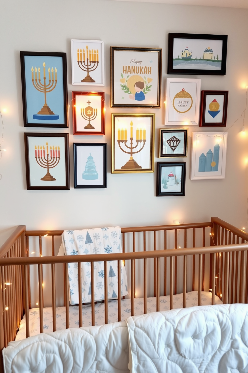 Charming Hanukkah-themed artwork gallery wall. The wall is adorned with a collection of colorful framed artwork featuring menorahs, dreidels, and festive winter scenes, creating a warm and inviting atmosphere. Nursery Hanukkah Decorating Ideas. Soft blue and silver accents are used throughout the nursery, with a cozy crib draped in a festive quilt, and twinkling fairy lights illuminating the space for a magical holiday feel.