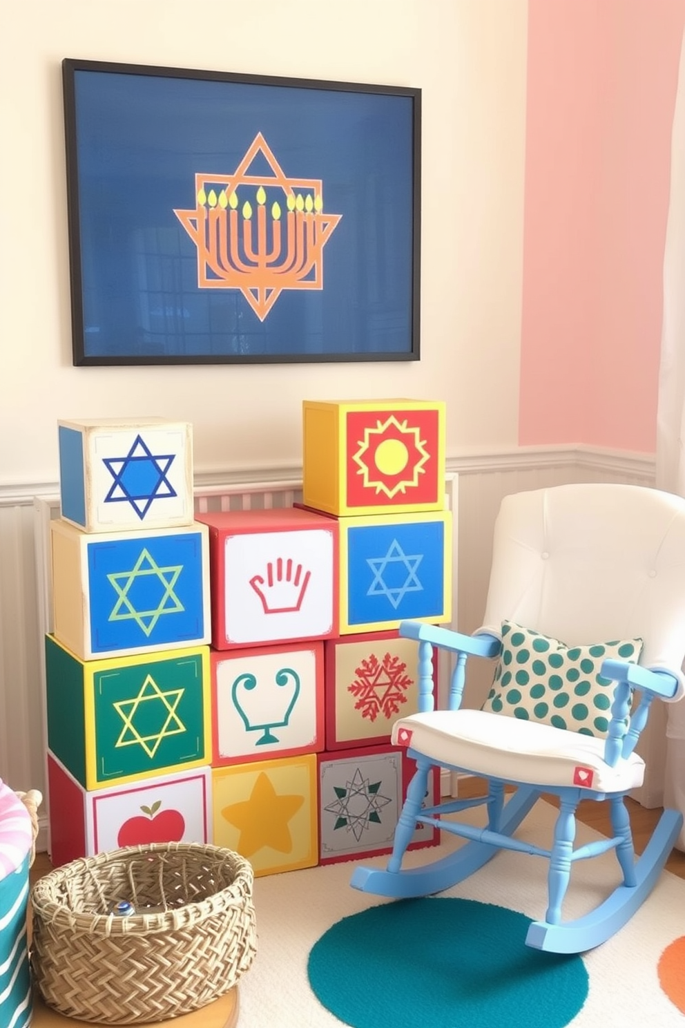 Brightly painted wooden blocks are arranged playfully in a cozy nursery setting. Each block features cheerful symbols related to Hanukkah, bringing a festive touch to the space. The nursery walls are adorned with soft pastel colors, providing a warm backdrop for the vibrant blocks. A comfortable rocking chair sits nearby, inviting parents to read stories during the holiday season.