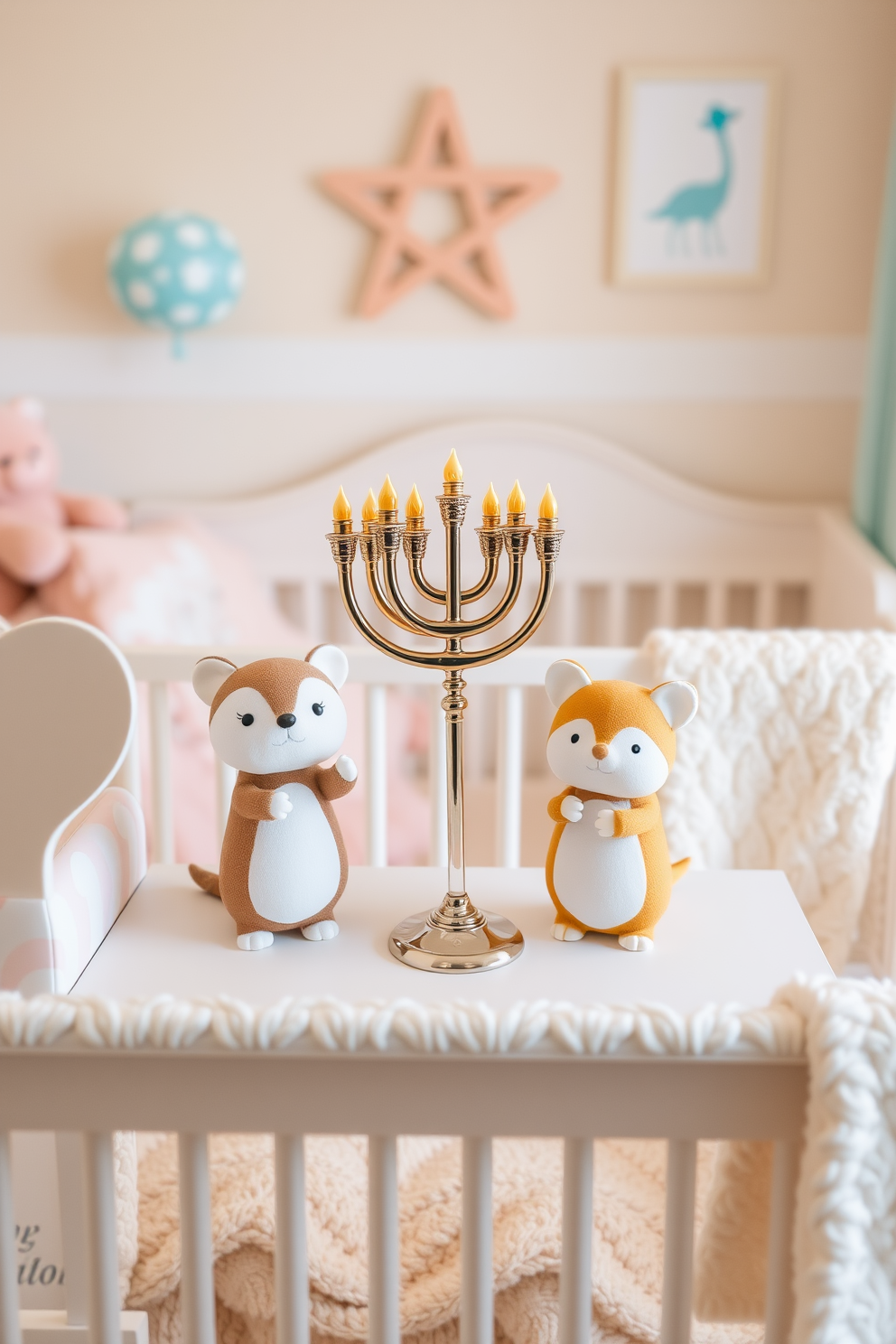 A charming nursery setting featuring cute animal figurines holding menorahs. The room is filled with soft pastel colors and cozy textures, creating a warm and inviting atmosphere for Hanukkah celebrations.