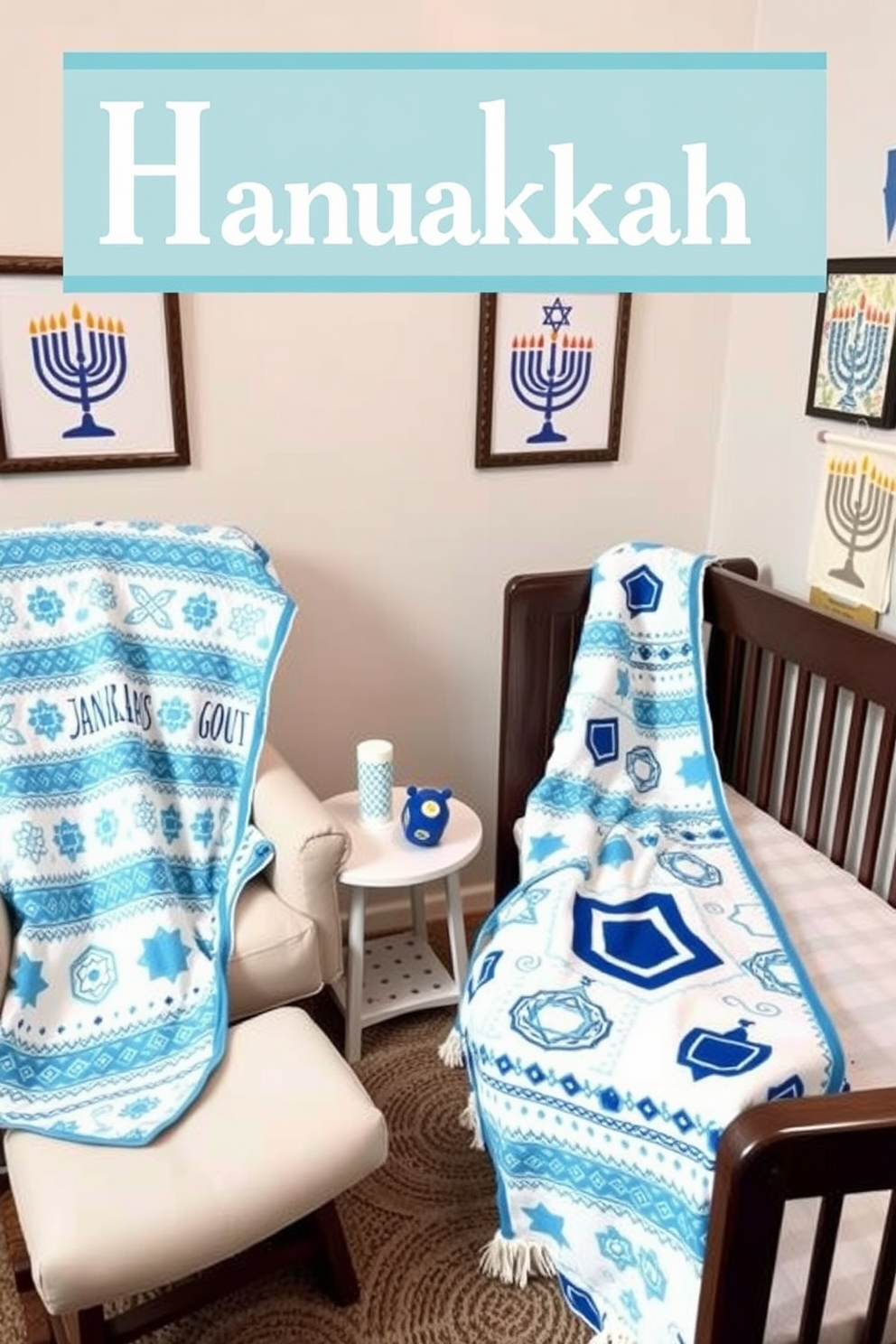 A cozy nursery adorned with seasonal Hanukkah-themed throw blankets. The blankets feature traditional blue and white patterns with menorahs and dreidels, draped over a soft rocking chair and neatly folded at the foot of the crib. The walls are painted in a light pastel hue, accented with Hanukkah-themed wall art. A small table is set up with a decorative menorah and a plush dreidel, creating a festive atmosphere for the little one.