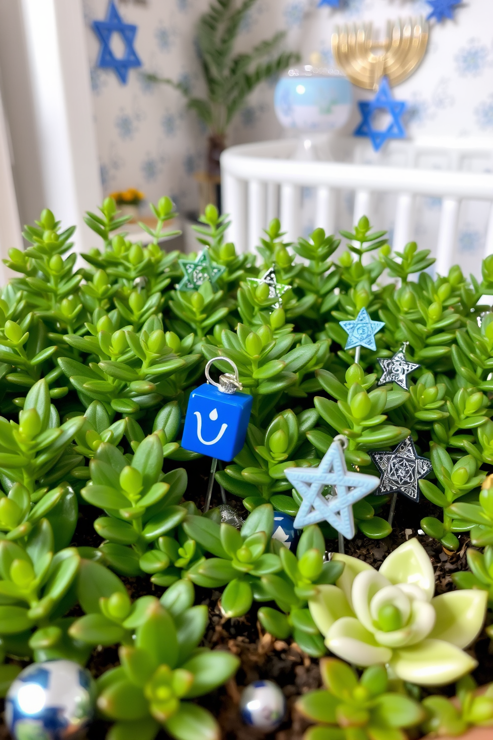 A miniature garden filled with vibrant green plants showcases a festive Hanukkah theme. Delicate blue and silver decorations, including miniature dreidels and stars, are carefully arranged among the foliage. The nursery features a cozy space adorned with Hanukkah decorations that create a warm and inviting atmosphere. Soft blue and white accents, along with playful menorah motifs, enhance the joyful spirit of the holiday.