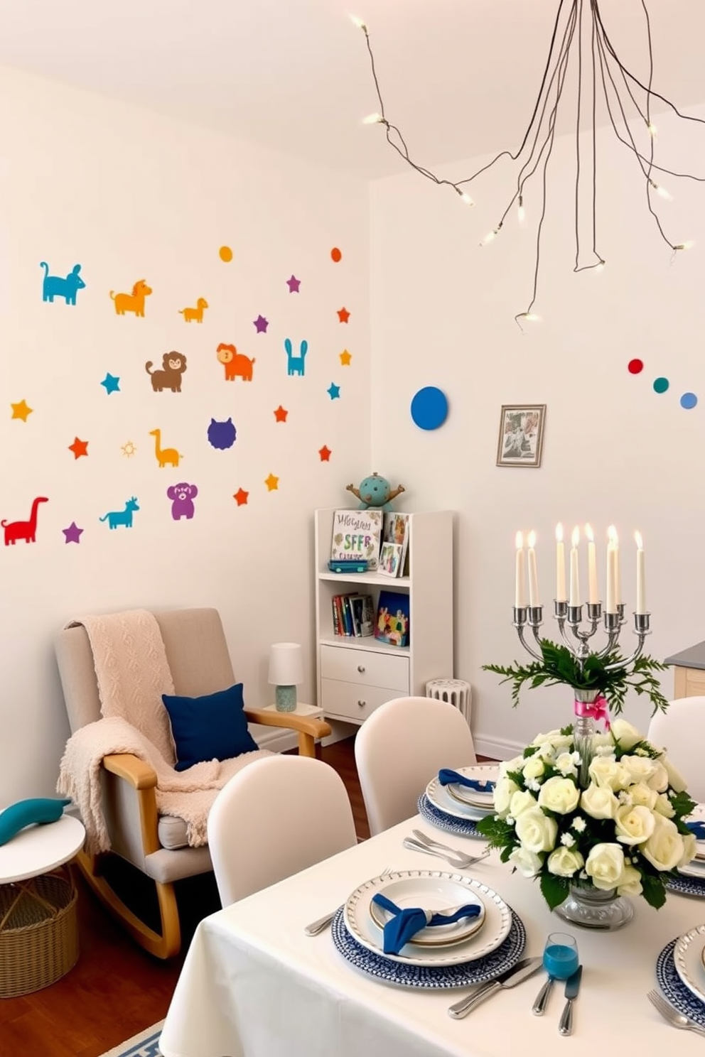 A playful nursery decorated with colorful wall stickers featuring animals and shapes. The walls are bright white, providing a cheerful backdrop for the vibrant designs. A cozy corner showcases a soft rocking chair with a plush throw blanket. A small bookshelf filled with children's books complements the decor, enhancing the inviting atmosphere. Festive Hanukkah decorations adorn the living room, creating a warm and joyful ambiance. A beautifully lit menorah sits on the table, surrounded by blue and silver accents. The dining area features a table set with elegant dishes and a centerpiece of fresh flowers. String lights hang above, adding a magical touch to the holiday celebration.