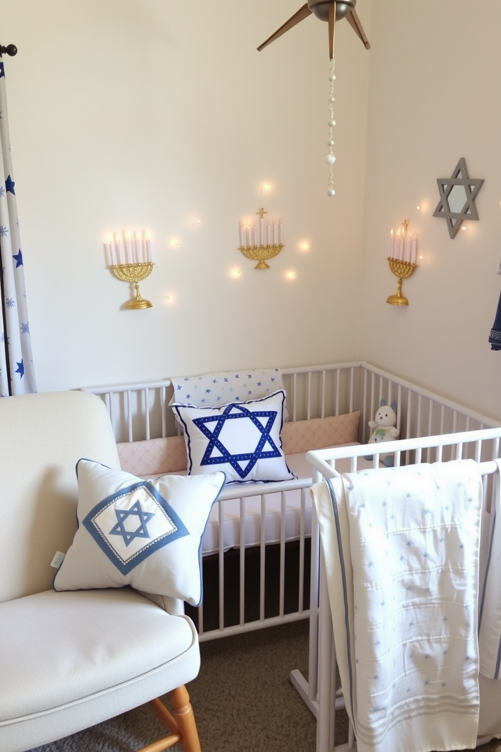 A cozy nursery adorned for Hanukkah features soft plush menorah pillow accents arranged on a comfortable rocking chair. The walls are painted in a soothing pastel color, with delicate star of David decorations hanging above a crib draped in festive fabrics.