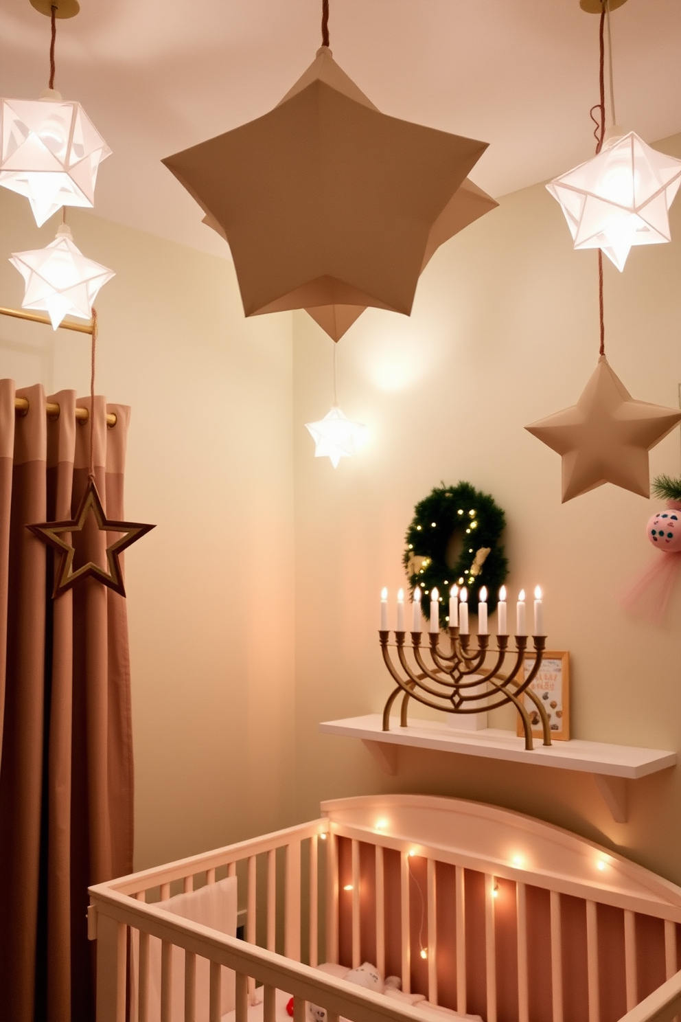 A cozy nursery adorned with hanging star lanterns that softly illuminate the space. The walls are painted in a gentle pastel hue, creating a serene atmosphere for relaxation and play. For Hanukkah, the nursery is decorated with festive accents that celebrate the holiday spirit. A beautifully arranged menorah sits on a shelf, surrounded by twinkling lights and colorful dreidels.