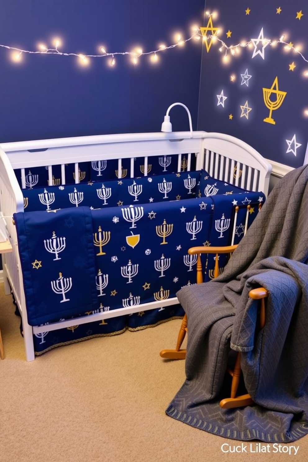 A festive Hanukkah-themed crib bedding set featuring a deep blue background adorned with white and gold menorahs and dreidels. The bedding includes a soft quilt, matching sheets, and decorative pillows that celebrate the holiday spirit. The nursery is decorated with twinkling string lights and wall decals of stars and menorahs, creating a warm and inviting atmosphere. A cozy rocking chair in the corner is draped with a plush throw blanket in shades of blue and gold, perfect for reading bedtime stories.