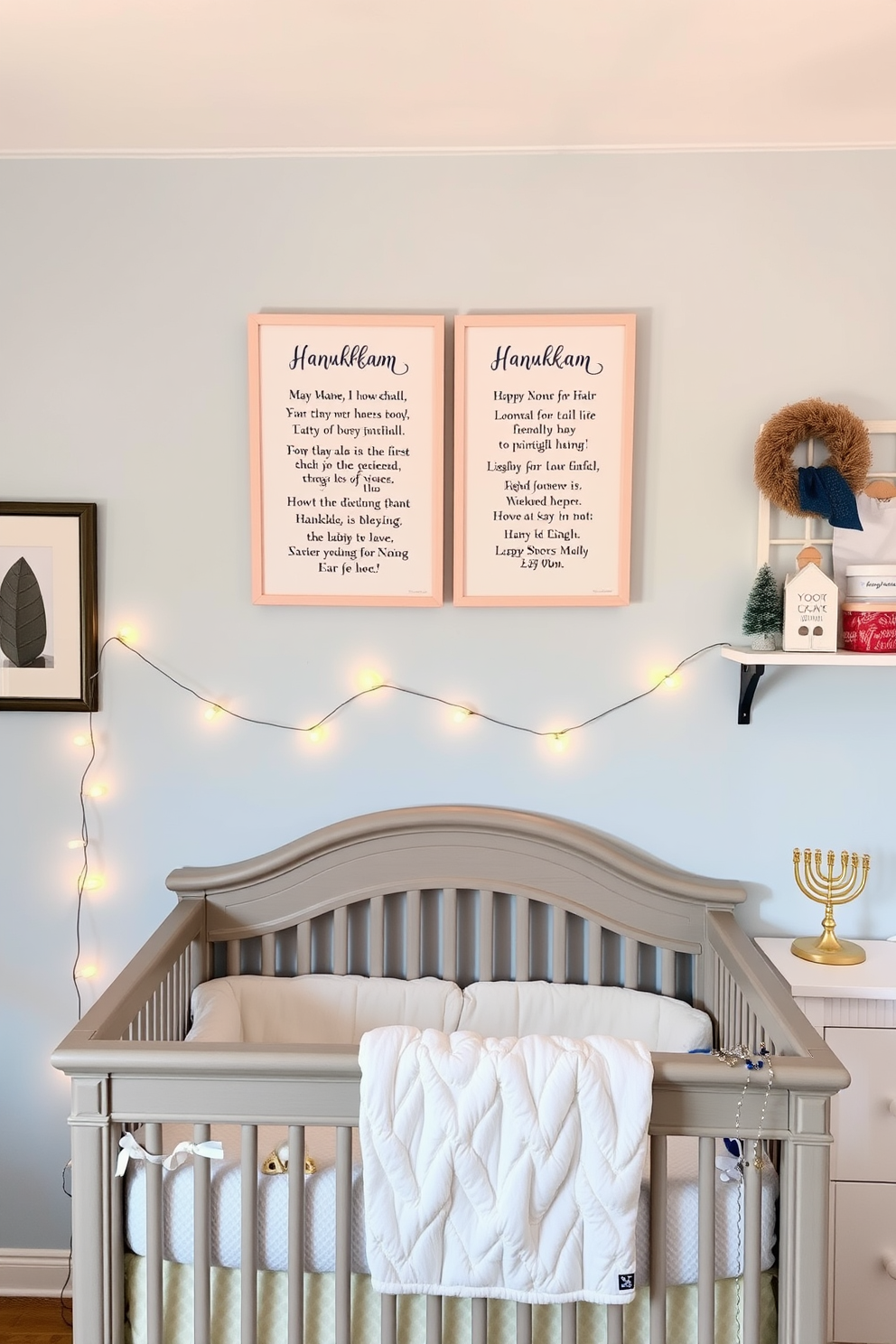 Wall art featuring Hanukkah blessings in a cozy nursery setting. The artwork is framed in soft pastel colors and hangs above a plush crib adorned with festive decorations. The walls are painted in a light blue hue, creating a serene atmosphere. Decorative elements include string lights and a small menorah placed on a nearby shelf, enhancing the Hanukkah spirit.