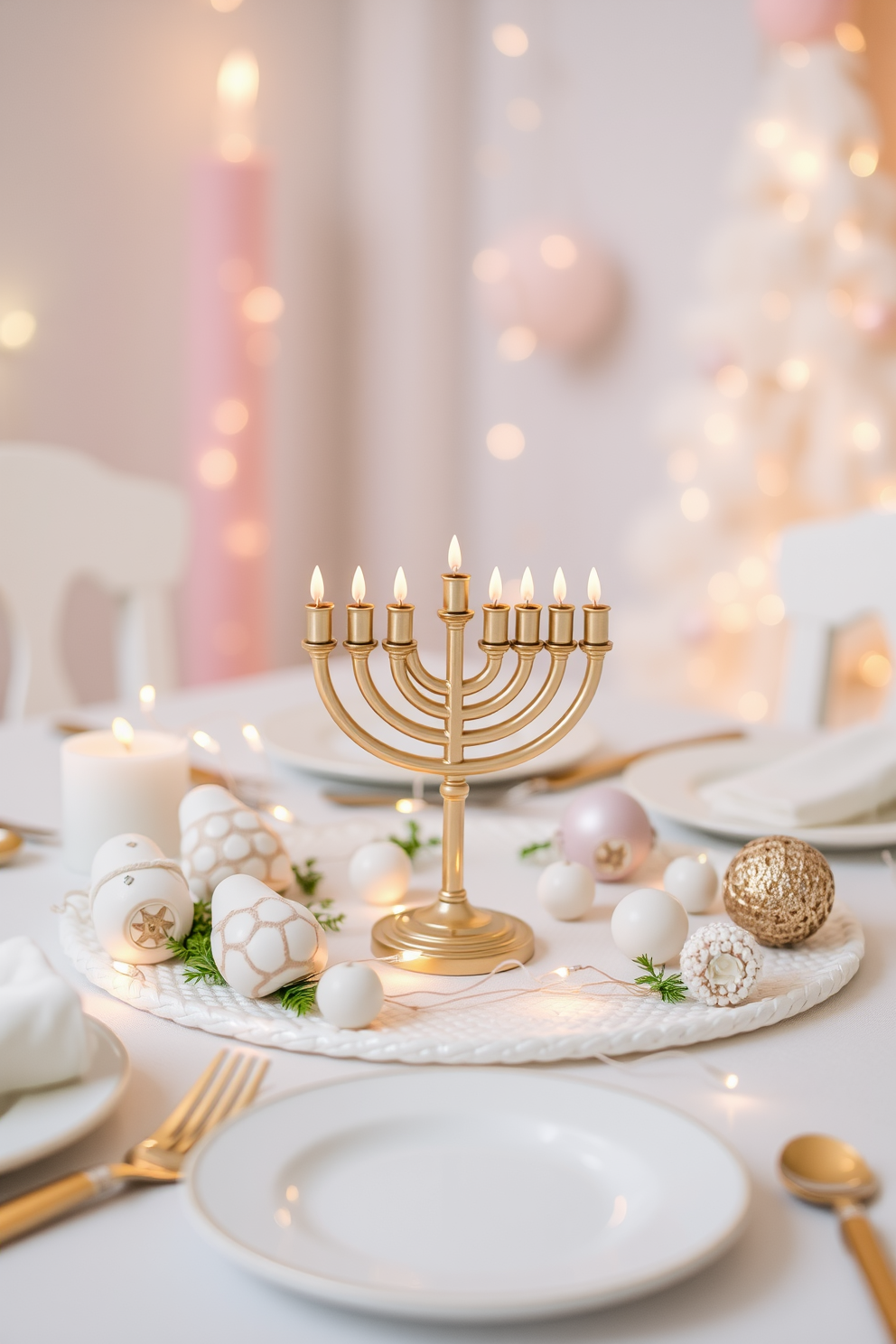 A charming miniature menorah serves as a centerpiece on a beautifully set table. Surrounding the menorah are soft pastel decorations and twinkling fairy lights, creating a warm and festive atmosphere for the nursery during Hanukkah.