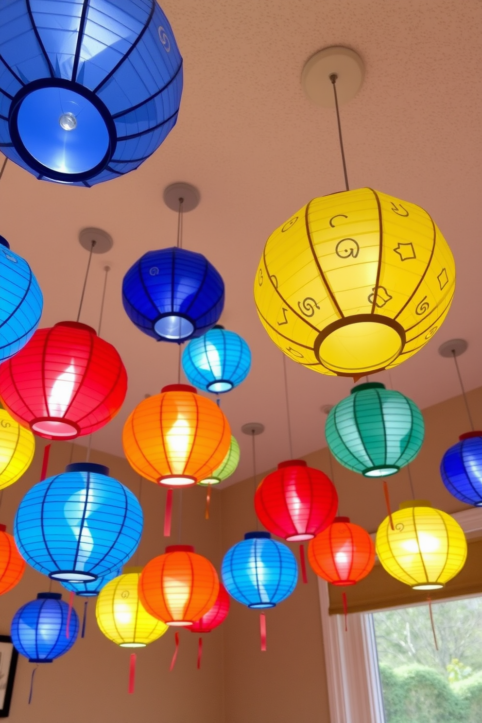 Brightly colored paper lanterns hang from the ceiling, creating a cheerful and festive atmosphere. The lanterns are adorned with playful patterns, adding a whimsical touch to the nursery space for Hanukkah celebrations.