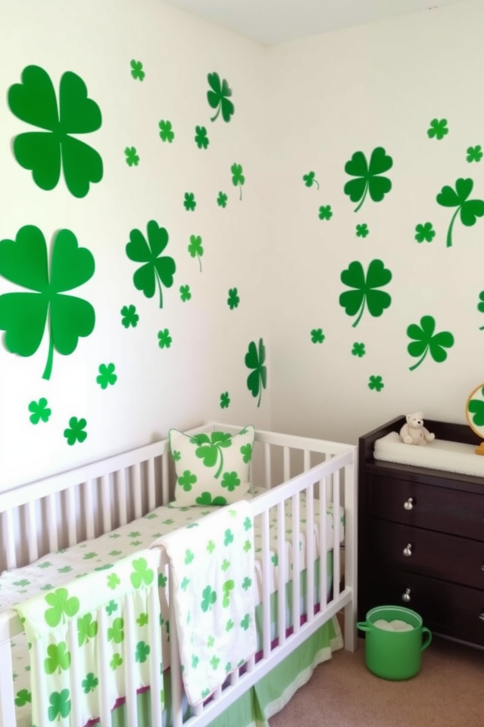 A charming nursery adorned with green shamrock wall decals creating a festive atmosphere. The decals are playfully arranged on soft white walls, enhancing the cheerful St. Patrick's Day theme.