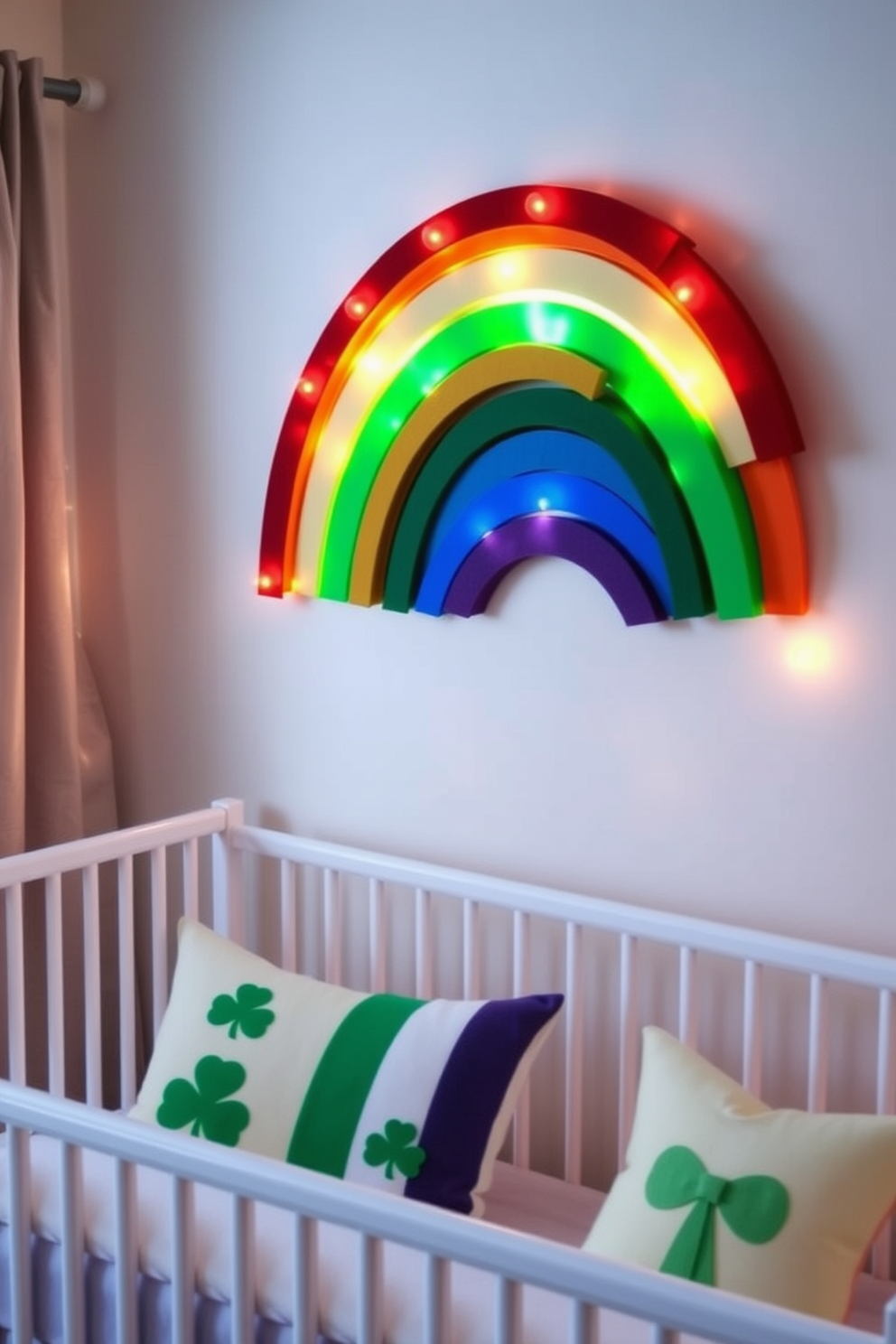 A colorful and cheerful DIY rainbow wall art piece for a nursery. The design features vibrant arcs of color made from felt or paint, arranged in a playful and inviting manner. Creative and festive St. Patrick's Day decorating ideas for a cozy home. Incorporate green accents, shamrock motifs, and warm lighting to create a welcoming atmosphere.